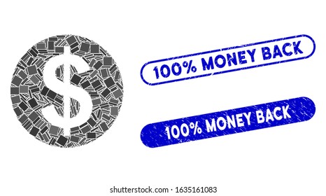 Mosaic money and grunge stamp seals with 100% Money Back text. Mosaic vector money is designed with random rectangle items. 100% Money Back stamp seals use blue color, and have round rectangle shape.
