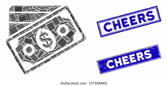 Mosaic money icon and rectangle Cheers seal stamps. Flat vector money mosaic icon of randomized rotated rectangle elements. Blue Cheers seal stamps with distress surface.