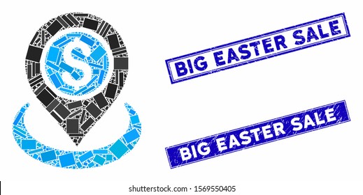 Mosaic money location pictogram and rectangle watermarks. Flat vector money location mosaic pictogram of random rotated rectangle items. Blue caption watermarks with rubber textures.