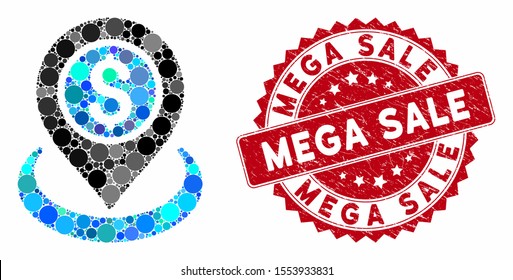 Mosaic money location and rubber stamp watermark with Mega Sale text. Mosaic vector is created with money location icon and with scattered spheric items. Mega Sale stamp uses red color,