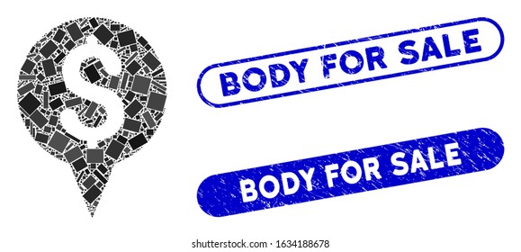 Mosaic money map marker and rubber stamp watermarks with Body for Sale text. Mosaic vector money map marker is created with randomized rectangle items. Body for Sale stamp seals use blue color,