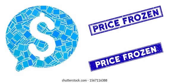 Mosaic money message icon and rectangle seal stamps. Flat vector money message mosaic icon of scattered rotated rectangle items. Blue caption stamps with corroded surface.