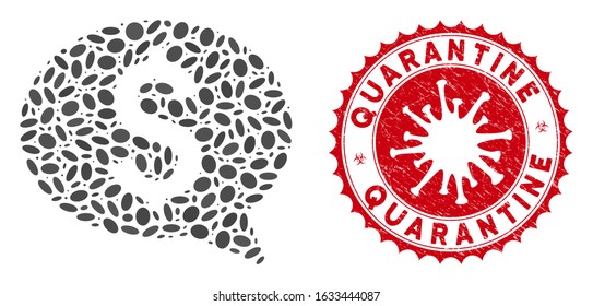Mosaic money message icon and red round corroded stamp seal with Quarantine text and coronavirus symbol. Mosaic vector is created with money message icon and with random oval spots.
