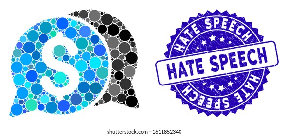 Mosaic money messages icon and grunge stamp seal with Hate Speech text. Mosaic vector is created with money messages icon and with randomized spheric elements. Hate Speech stamp seal uses blue color,