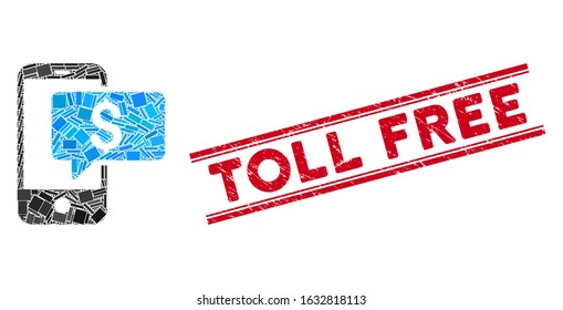 Mosaic money phone SMS pictogram and red Toll Free stamp between double parallel lines. Flat vector money phone SMS mosaic pictogram of random rotated rectangle elements.