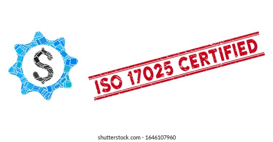 Mosaic money seal icon and red ISO 17025 Certified stamp between double parallel lines. Flat vector money seal mosaic icon of random rotated rectangle items. svg