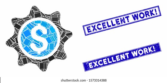 Mosaic money sticker icon and rectangular Excellent Work! watermarks. Flat vector money sticker mosaic icon of random rotated rectangular items.