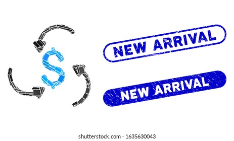 Mosaic money swirl and distressed stamp seals with New Arrival caption. Mosaic vector money swirl is designed with randomized rectangle items. New Arrival seals use blue color,