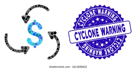Mosaic money swirl icon and distressed stamp watermark with Cyclone Warning phrase. Mosaic vector is created with money swirl icon and with randomized spheric spots.