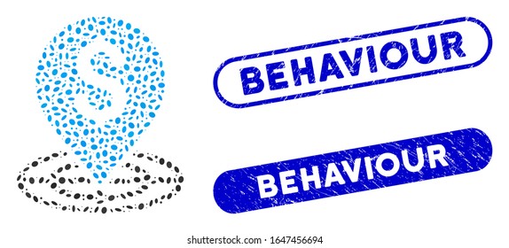 Mosaic money target and grunge stamp watermarks with Behaviour caption. Mosaic vector money target is created with random ellipse spots. Behaviour stamp seals use blue color,