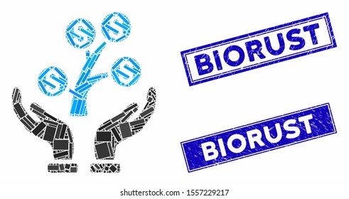 Mosaic money tree care hands icon and rectangle seal stamps. Flat vector money tree care hands mosaic icon of random rotated rectangle elements. Blue caption rubber seals with scratched surface.