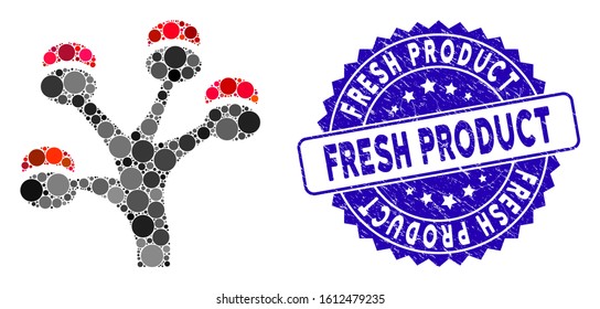 Mosaic money tree icon and distressed stamp seal with Fresh Product phrase. Mosaic vector is created with money tree icon and with scattered round spots. Fresh Product seal uses blue color,