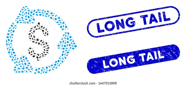 Mosaic money turnover and distressed stamp watermarks with Long Tail text. Mosaic vector money turnover is formed with random oval parts. Long Tail seals use blue color,