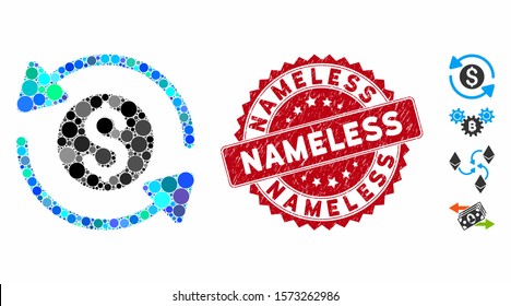 Mosaic money turnover icon and grunge stamp seal with Nameless text. Mosaic vector is formed from money turnover icon and with random spheric elements. Nameless seal uses red color,