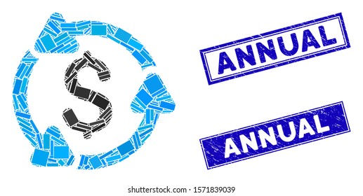 Mosaic money turnover icon and rectangular Annual seal stamps. Flat vector money turnover mosaic icon of scattered rotated rectangular elements. Blue Annual stamps with corroded textures.