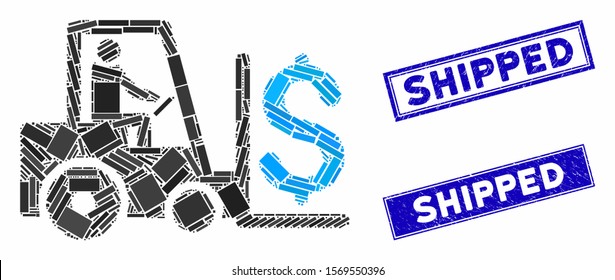 Mosaic money warehouse pictogram and rectangular seals. Flat vector money warehouse mosaic pictogram of scattered rotated rectangular items. Blue caption rubber stamps with rubber surface.