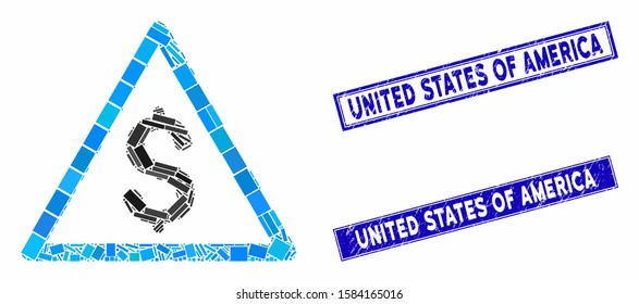 Mosaic money warning icon and rectangle United States of America seals. Flat vector money warning mosaic icon of random rotated rectangle items.