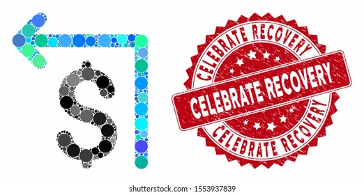 Mosaic moneyback and corroded stamp seal with Celebrate Recovery phrase. Mosaic vector is created with moneyback icon and with randomized circle spots. Celebrate Recovery stamp seal uses red color,