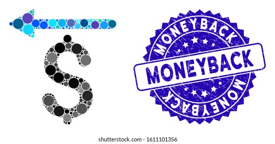 Mosaic moneyback icon and corroded stamp seal with Moneyback caption. Mosaic vector is formed from moneyback icon and with random spheric elements. Moneyback stamp seal uses blue color,