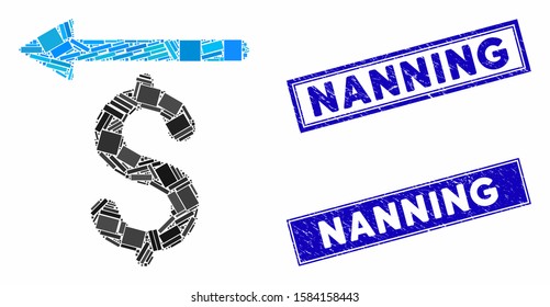 Mosaic moneyback pictogram and rectangle Nanning stamps. Flat vector moneyback mosaic pictogram of random rotated rectangular items. Blue Nanning rubber stamps with rubber textures.