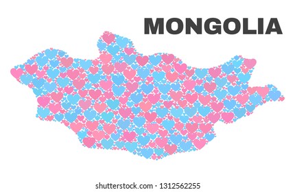 Mosaic Mongolia map of love hearts in pink and blue colors isolated on a white background. Lovely heart collage in shape of Mongolia map. Abstract design for Valentine illustrations.