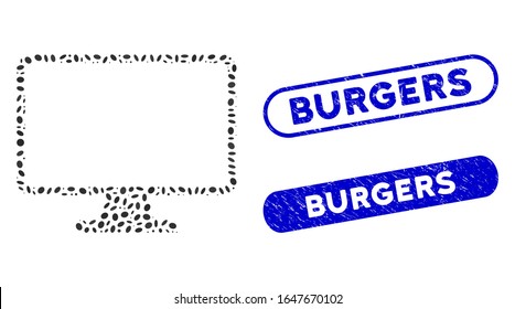 Mosaic monitor and corroded stamp seals with Burgers caption. Mosaic vector monitor is designed with scattered elliptic spots. Burgers stamp seals use blue color, and have round rectangle shape.