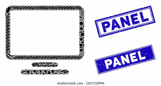 Mosaic monitor pictogram and rectangle seal stamps. Flat vector monitor mosaic pictogram of scattered rotated rectangle elements. Blue caption rubber stamps with distress textures.