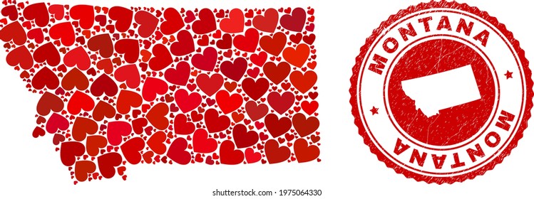 Mosaic Montana State map composed with red love hearts, and rubber stamp. Vector lovely round red rubber seal stamp imprint with Montana State map inside.
