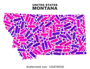 Mosaic Montana State map isolated on a white background. Vector geographic abstraction in pink and violet colors. Mosaic of Montana State map combined of scattered round points and lines.