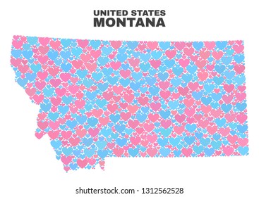 Mosaic Montana State map of valentine hearts in pink and blue colors isolated on a white background. Lovely heart collage in shape of Montana State map. Abstract design for Valentine decoration.