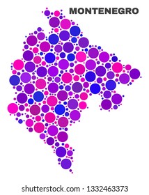 Mosaic Montenegro map isolated on a white background. Vector geographic abstraction in pink and violet colors. Mosaic of Montenegro map combined of scattered circle items.