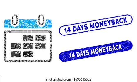 Mosaic month calendar and corroded stamp seals with 14 Days Moneyback text. Mosaic vector month calendar is formed with randomized rectangle items. 14 Days Moneyback stamp seals use blue color,