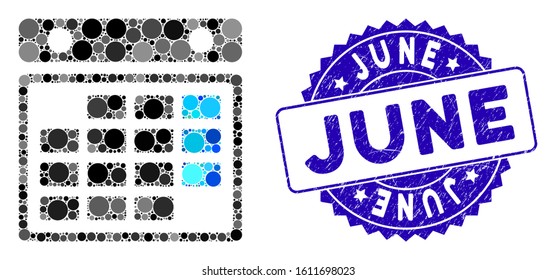 Mosaic month calendar icon and grunge stamp seal with June phrase. Mosaic vector is formed with month calendar icon and with randomized spheric elements. June stamp seal uses blue color,
