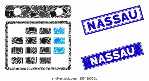 Mosaic month calendar icon and rectangular Nassau seal stamps. Flat vector month calendar mosaic icon of random rotated rectangular elements. Blue Nassau seal stamps with scratched texture.