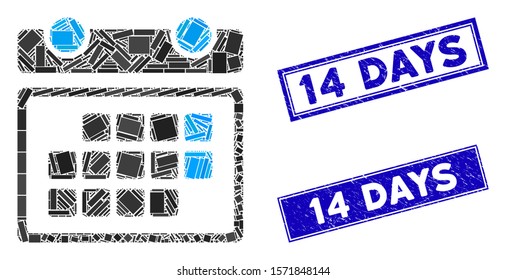 Mosaic month calendar pictogram and rectangular 14 Days seal stamps. Flat vector month calendar mosaic pictogram of randomized rotated rectangle items. Blue 14 Days stamps with distress surface.