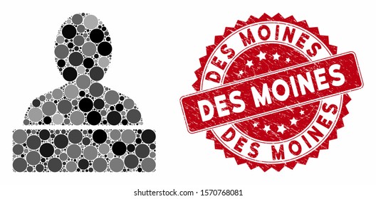 Mosaic monument and grunge stamp seal with Des Moines phrase. Mosaic vector is designed with monument icon and with scattered circle spots. Des Moines stamp uses red color, and grunged surface.