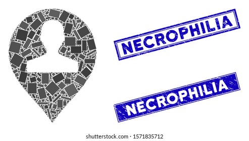 Mosaic monument marker pictogram and rectangle Necrophilia seal stamps. Flat vector monument marker mosaic pictogram of random rotated rectangle elements. Blue Necrophilia stamps with grunge textures.