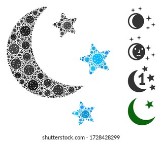 Estrellas de luna mosaica compuestas por elementos del virus de la gripe en tamaños variables y tonos de color. Los elementos virales vectoriales se agrupan en un icono abstracto de estrellas de luna de mosaico. Se añaden algunos iconos adicionales.