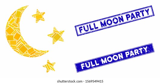 Mosaic moon stars icon and rectangle rubber prints. Flat vector moon stars mosaic icon of random rotated rectangle elements. Blue caption watermarks with grunge surface.