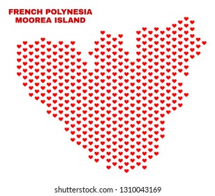 Mosaic Moorea Island map of love hearts in red color isolated on a white background. Regular red heart pattern in shape of Moorea Island map. Abstract design for Valentine decoration.