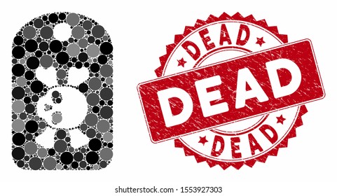 Mosaic morgue mark and corroded stamp seal with Dead phrase. Mosaic vector is designed with morgue mark icon and with randomized round items. Dead stamp seal uses red color, and grunge design.