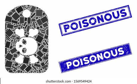 Mosaic morgue mark pictogram and rectangular seal stamps. Flat vector morgue mark mosaic pictogram of randomized rotated rectangular items. Blue caption seal stamps with dirty surface.