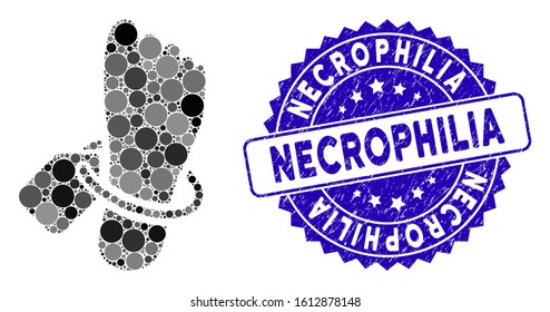 Mosaic morgue tagged foot icon and corroded stamp watermark with Necrophilia text. Mosaic vector is formed with morgue tagged foot icon and with randomized spheric items.