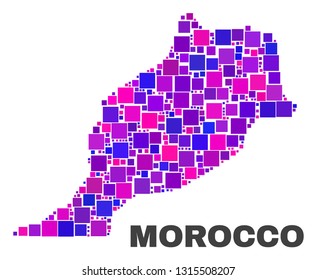Mosaic Morocco map isolated on a white background. Vector geographic abstraction in pink and violet colors. Mosaic of Morocco map combined of scattered square elements.