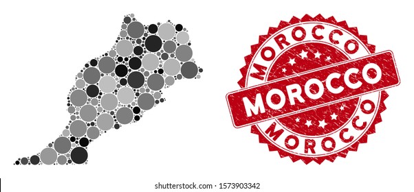 Mosaic Morocco map and round seal stamp. Flat vector Morocco map mosaic of random round items. Red rubber seal with distress design. Designed for political and patriotic projects.