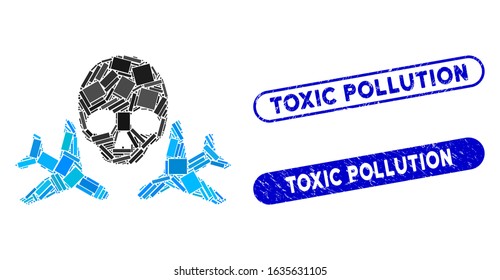 Mosaic mortal airplanes and corroded stamp seals with Toxic Pollution phrase. Mosaic vector mortal airplanes is designed with randomized rectangles. Toxic Pollution stamp seals use blue color,