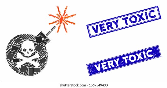 Mosaic mortal bomb pictogram and rectangular stamps. Flat vector mortal bomb mosaic pictogram of scattered rotated rectangular elements. Blue caption rubber stamps with rubber texture.