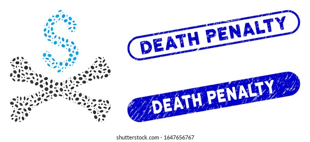 Mosaic mortal debt and corroded stamp seals with Death Penalty caption. Mosaic vector mortal debt is designed with scattered elliptic spots. Death Penalty stamp seals use blue color,