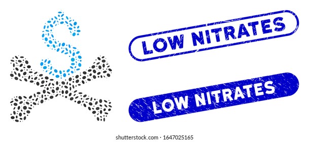 Mosaic mortal debt and distressed stamp seals with Low Nitrates phrase. Mosaic vector mortal debt is composed with random oval dots. Low Nitrates seals use blue color, and have round rectangle shape.