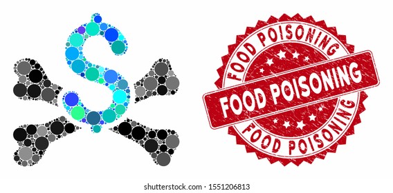 Mosaic mortal debt and grunge stamp seal with Food Poisoning caption. Mosaic vector is composed with mortal debt icon and with scattered round spots. Food Poisoning stamp seal uses red color,